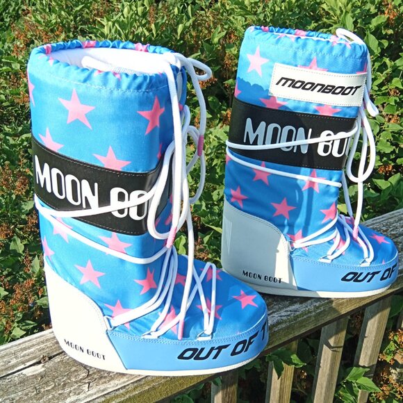 Moon Boot Retro Biker Pink Stars on Blue 35/38,US Ladies 4  5, 6, 7 - Picture 6 of 11